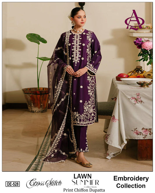 Emb 3PC Lawn Unstitched Summer Dress With Emb Chiffon Dupatta - DE-528