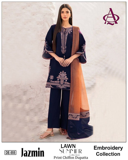 Emb 3PC Lawn Summer Dress With Silk Printed Dupatta - DE-555