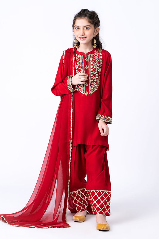 Kids 3PC Embroidered Lawn Dress With Net Dupatta - Unstitched - AL315