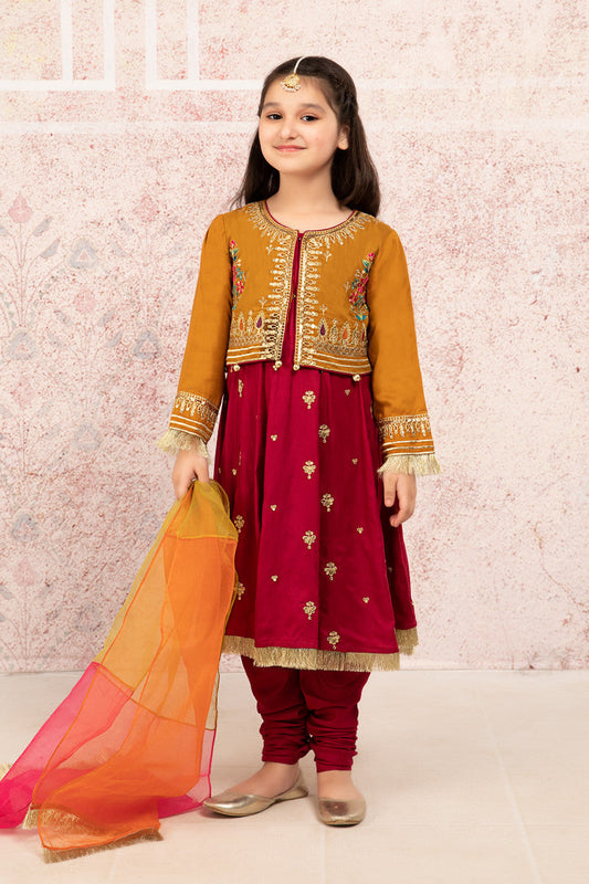 Kids 3PC Embroidered Dress With Net Dupatta - Unstitched - AL109