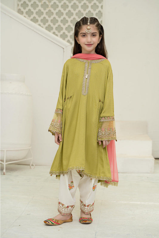 Kids 3PC Embroidered Lawn Dress With Net Dupatta - Unstitched - AL306