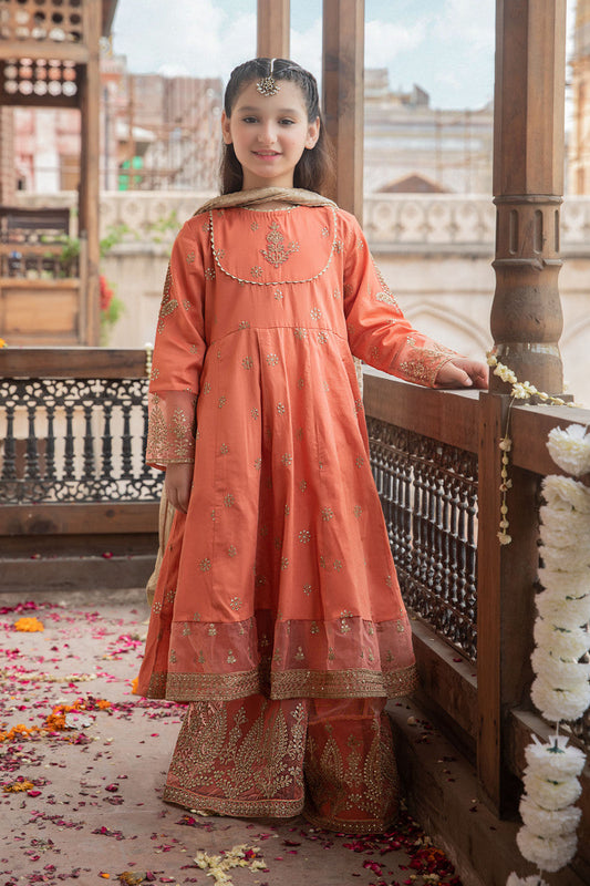 Kids 3PC Embroidered Lawn Dress With Net Dupatta - Unstitched - AL308