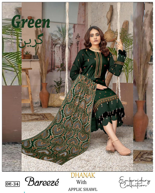 EMB 3Pc Dress With Luxury Laser Cut Work Embroidered Shawl - W700 GREEN