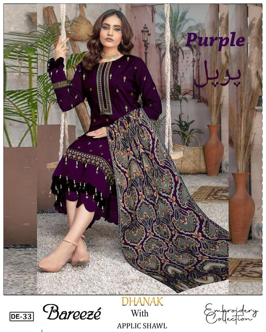 EMB 3Pc Dress With Luxury Laser Cut Work Embroidered Shawl - W701 Purple