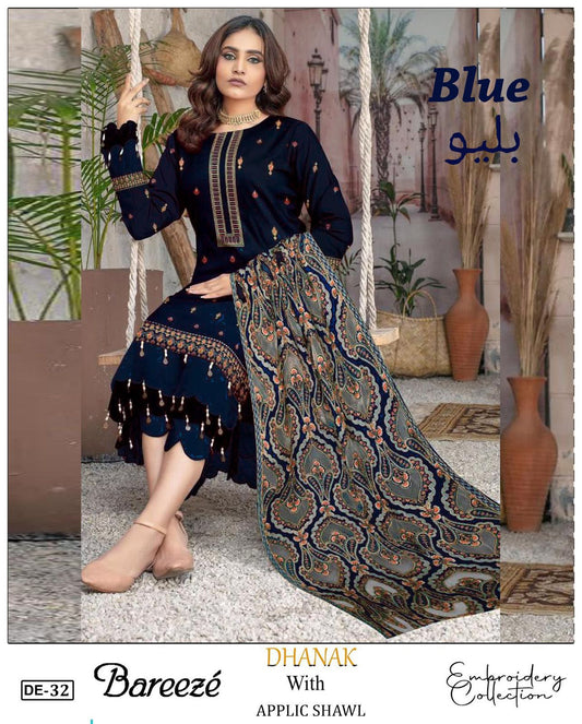 EMB 3Pc Dress With Luxury Laser Cut Work Embroidered Shawl - W702 Blue