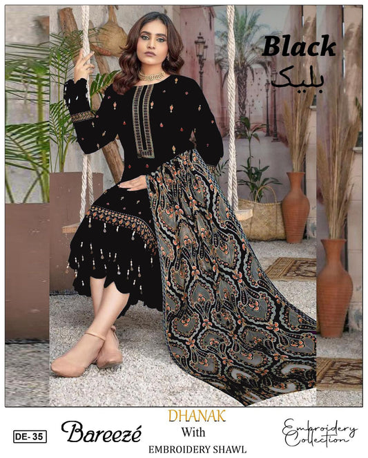 EMB 3Pc Dress With Luxury Laser Cut Work Embroidered Shawl - W703 Black